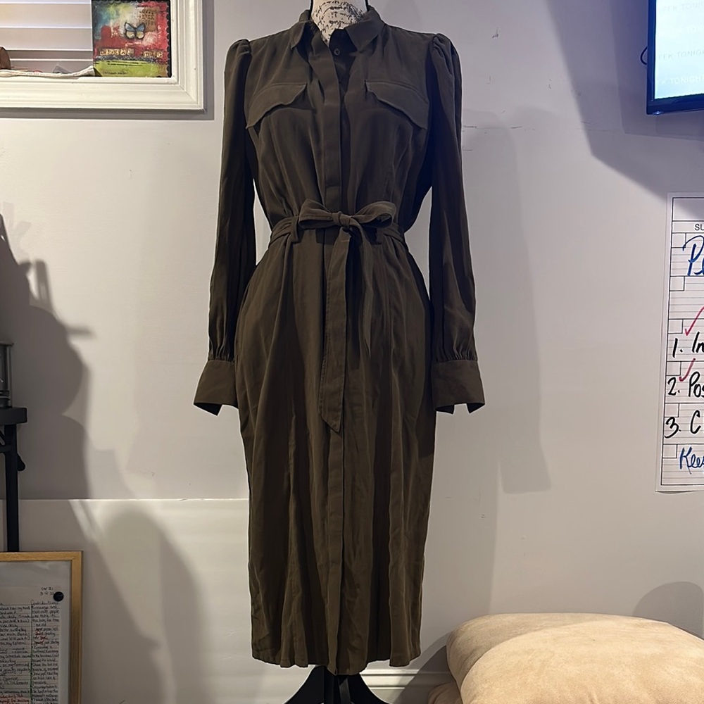 Nordstrom Green Tan Buttoned Puff Sleeve Dress